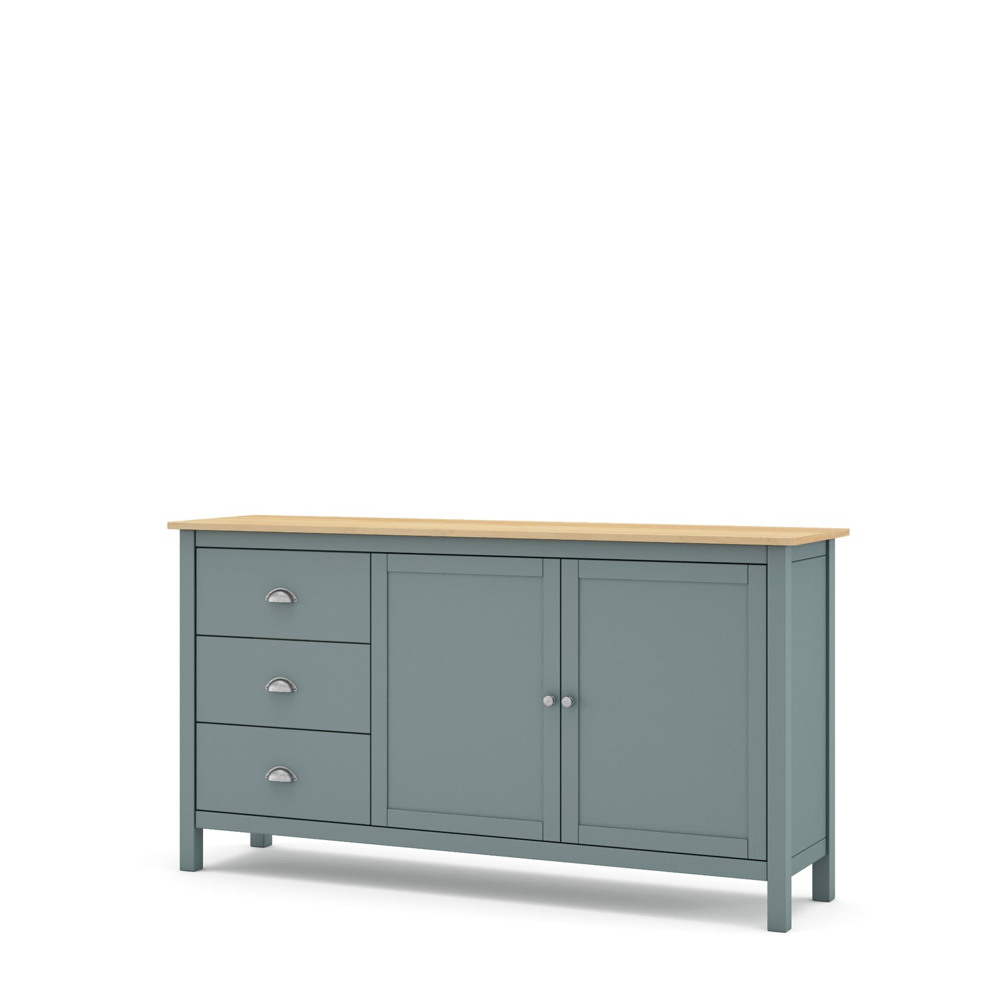 A painted wooden sideboard or buffet cabinet with a muted blue-gray finish, a light natural wood top, three drawers on the left with silver handles, and two doors on the right with small round silver knobs, shown on a plain white background.