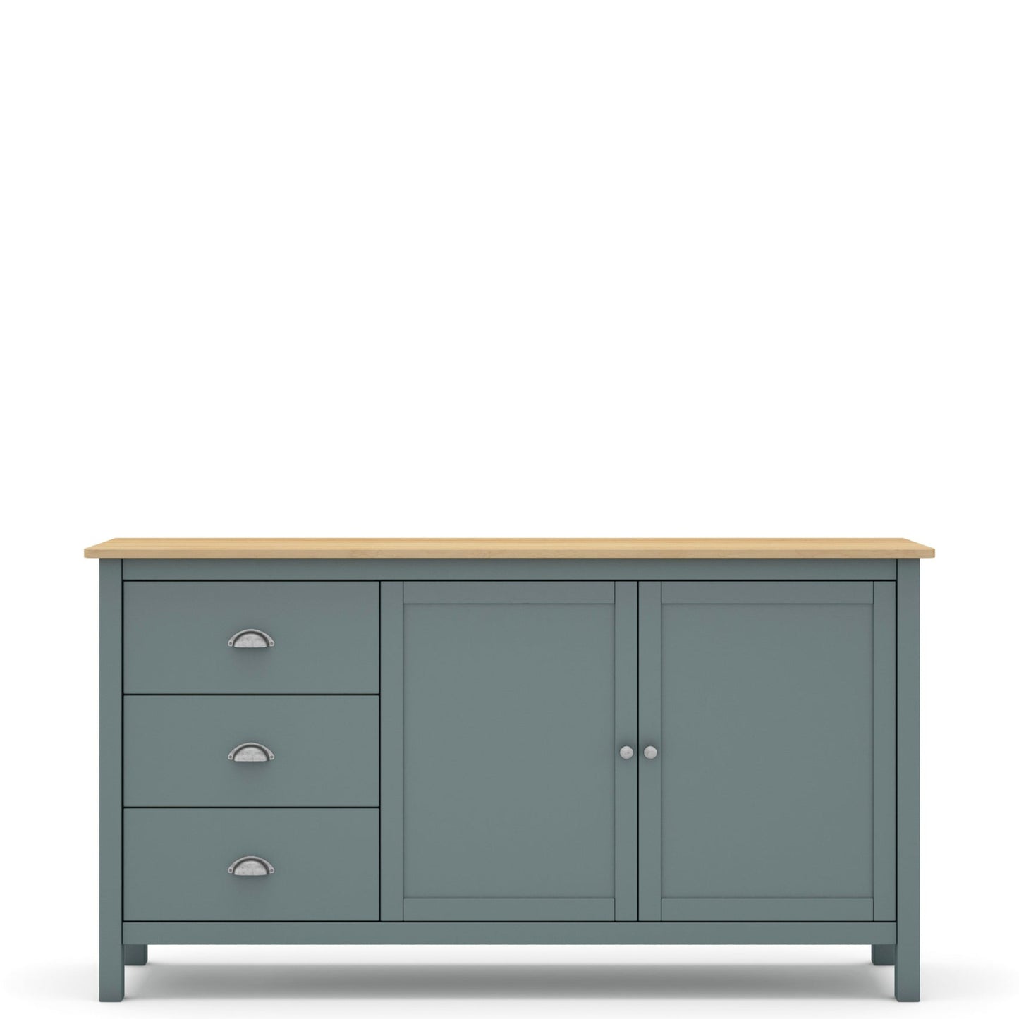 A painted wooden sideboard cabinet with three drawers on the left, two doors on the right, a light natural wood top, and small silver knobs, shown against a plain white background.