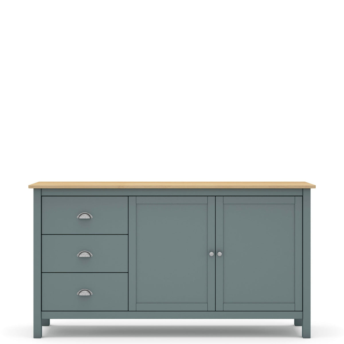 A painted wooden sideboard cabinet with three drawers on the left, two doors on the right, a light natural wood top, and small silver knobs, shown against a plain white background.