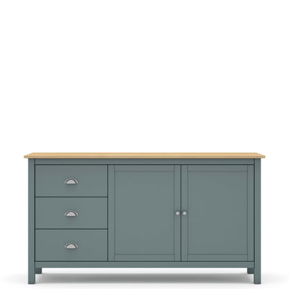 A painted wooden sideboard cabinet with three drawers on the left, two doors on the right, a light natural wood top, and small silver knobs, shown against a plain white background.