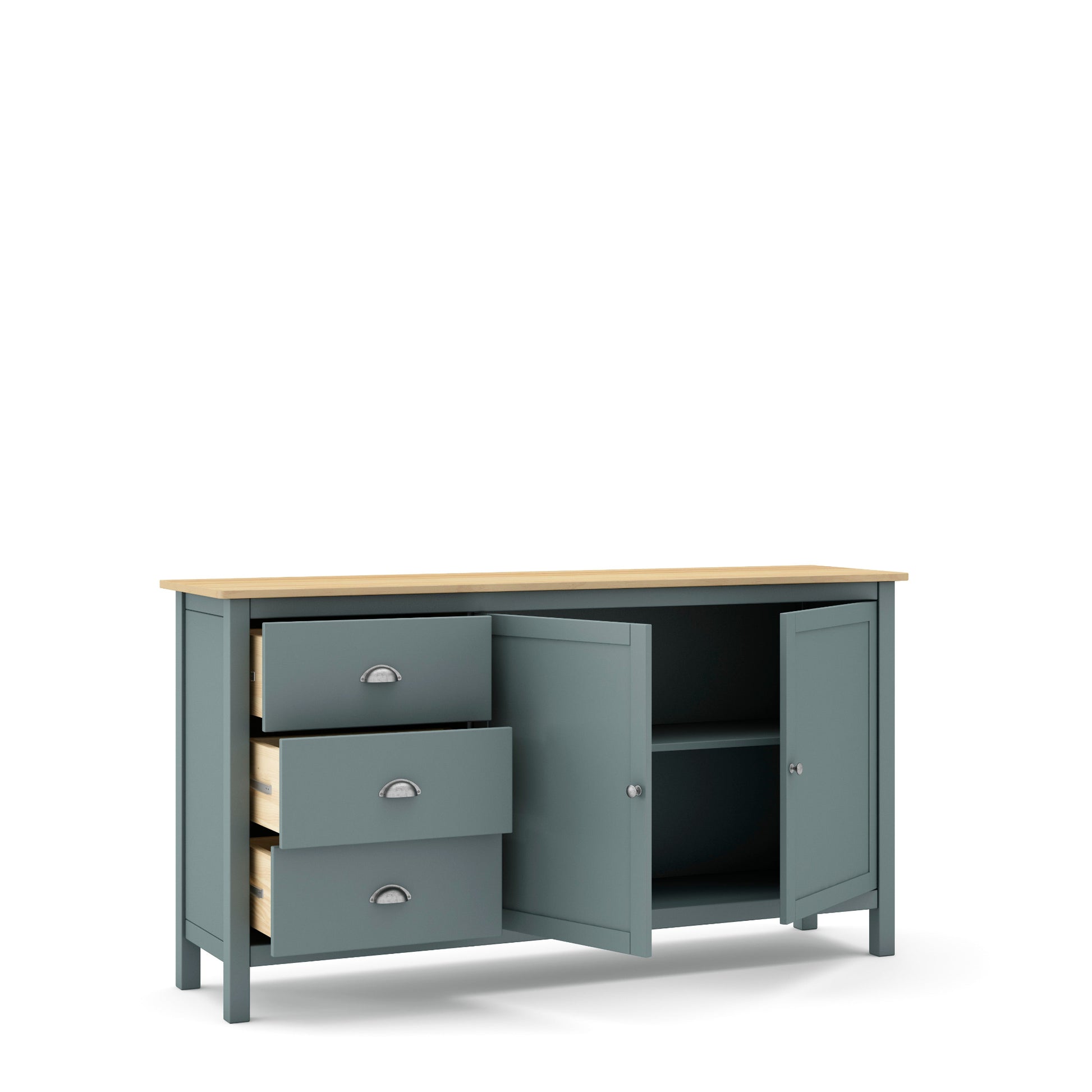 A sideboard cabinet with a muted blue-gray painted finish and a light natural wood top. It features three drawers on the left, two cabinet doors on the right (one open to show the interior shelf), and silver metal handles.