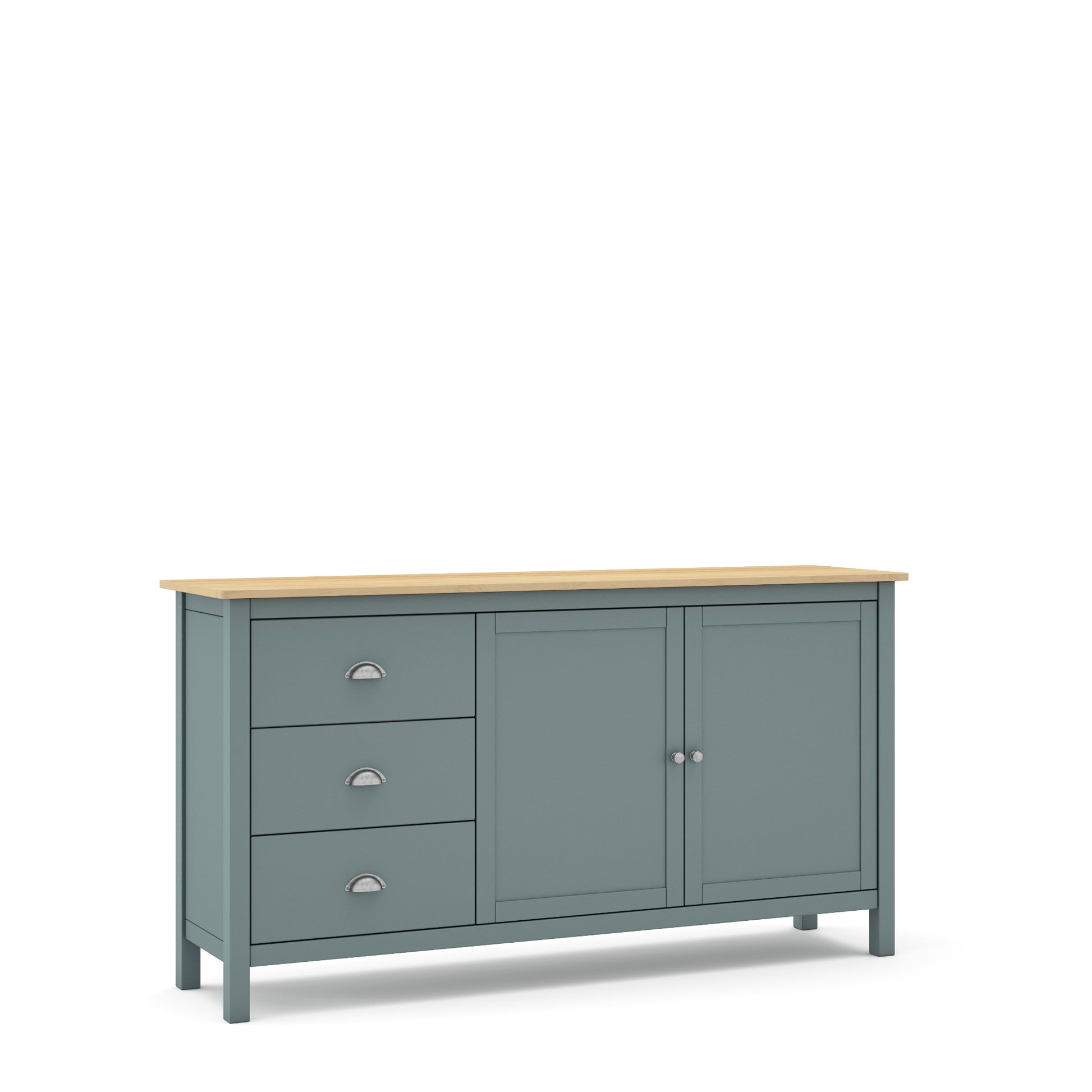 A painted wooden sideboard or buffet cabinet with a muted blue-gray finish, a light natural wood top, three drawers on the left, and two cabinet doors on the right, shown on a plain white background.