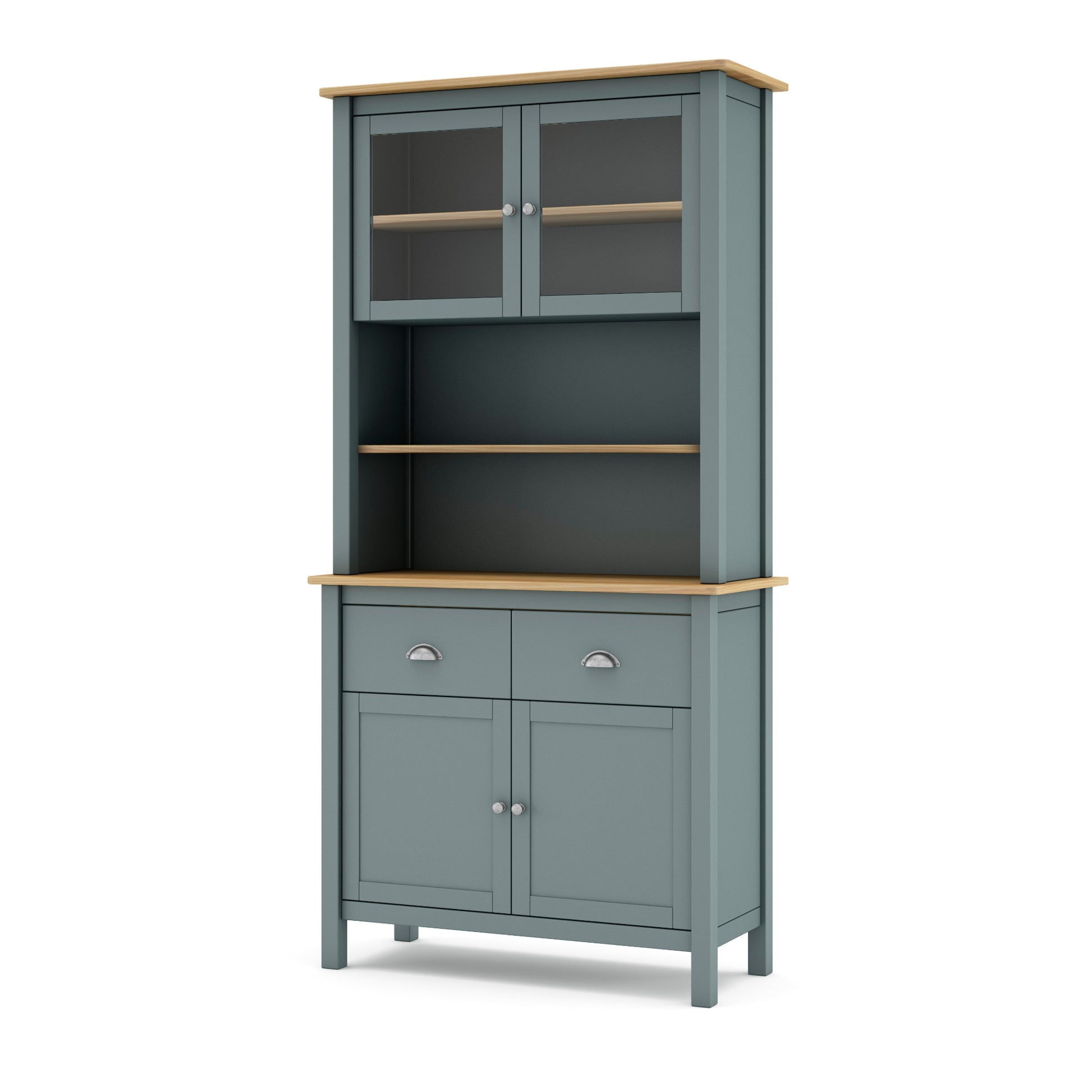 Gray kitchen cabinet with wooden top and shelves on a white background