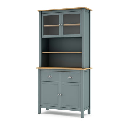 Gray kitchen cabinet with wooden top and shelves on a white background