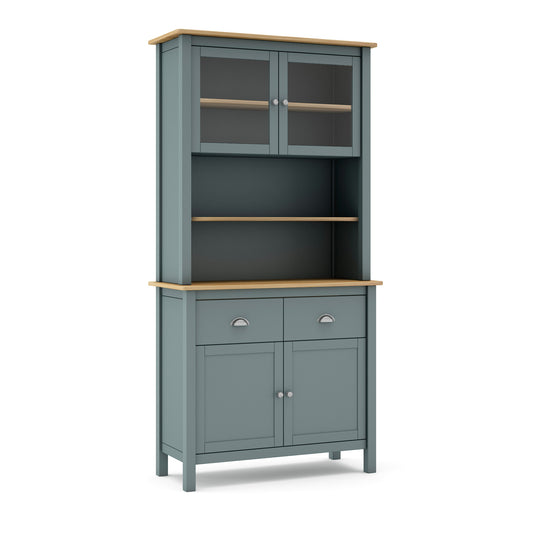 Gray kitchen cabinet with wooden top and shelves on a white background