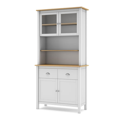White cabinet with wooden top and shelves on a white background