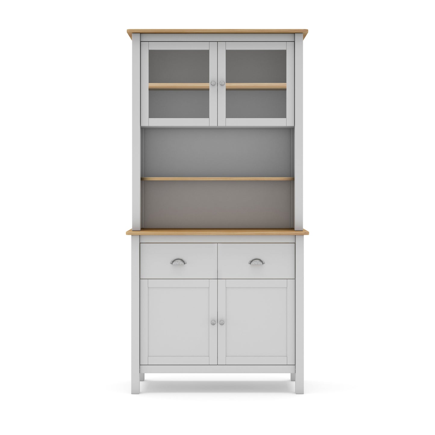 Gray kitchen cabinet with wooden top and shelves on a white background
