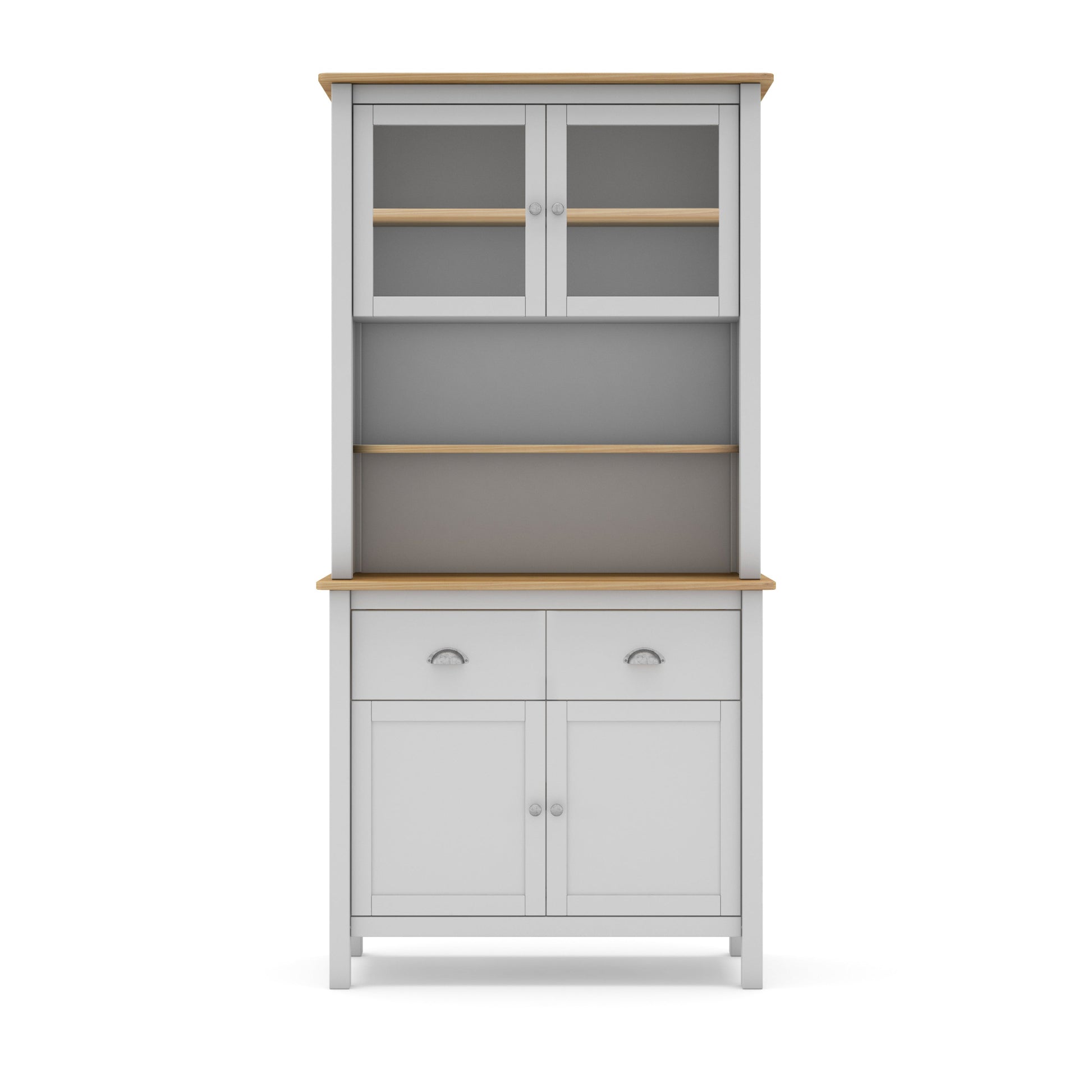 Gray kitchen cabinet with wooden top and shelves on a white background