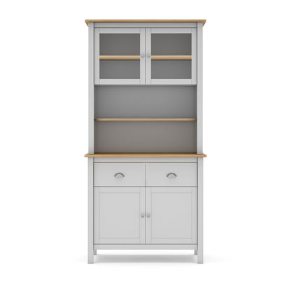 Gray kitchen cabinet with wooden top and shelves on a white background