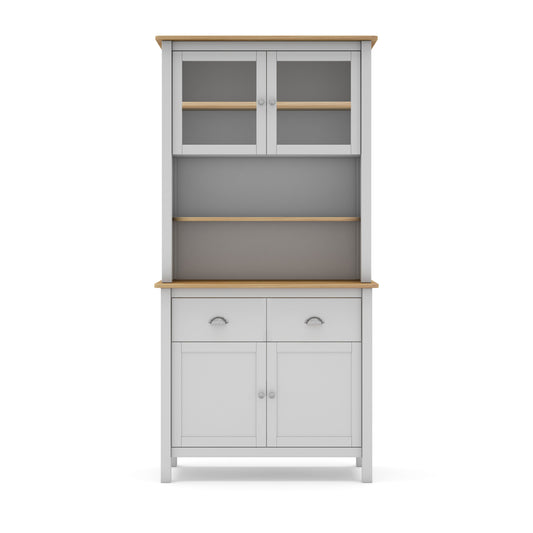 Gray kitchen cabinet with wooden top and shelves on a white background