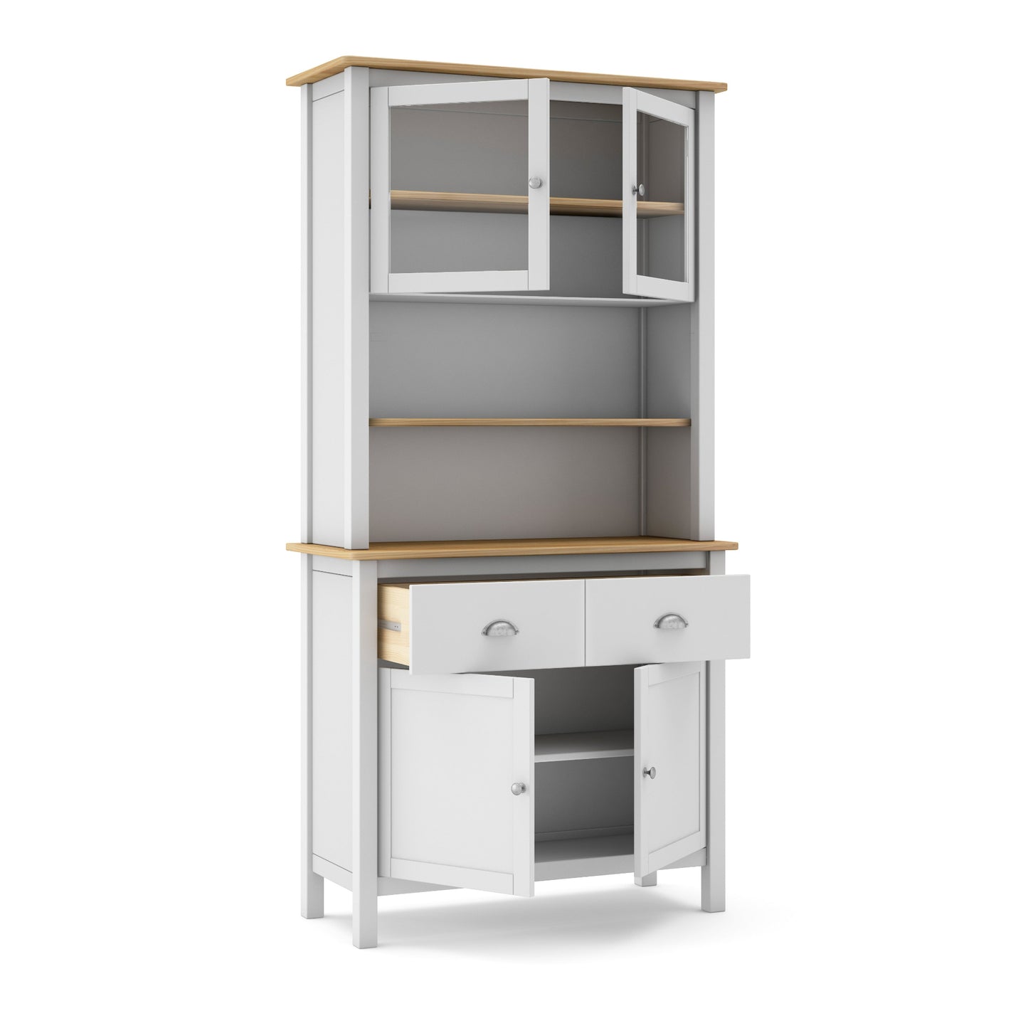 White kitchen cabinet with glass doors and wooden shelves on a white background