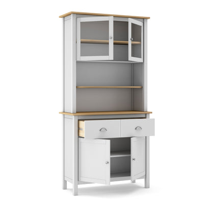 White kitchen cabinet with glass doors and wooden shelves on a white background