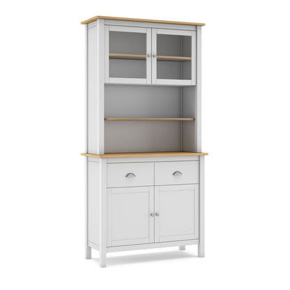 White cabinet with wooden top and shelves on a white background