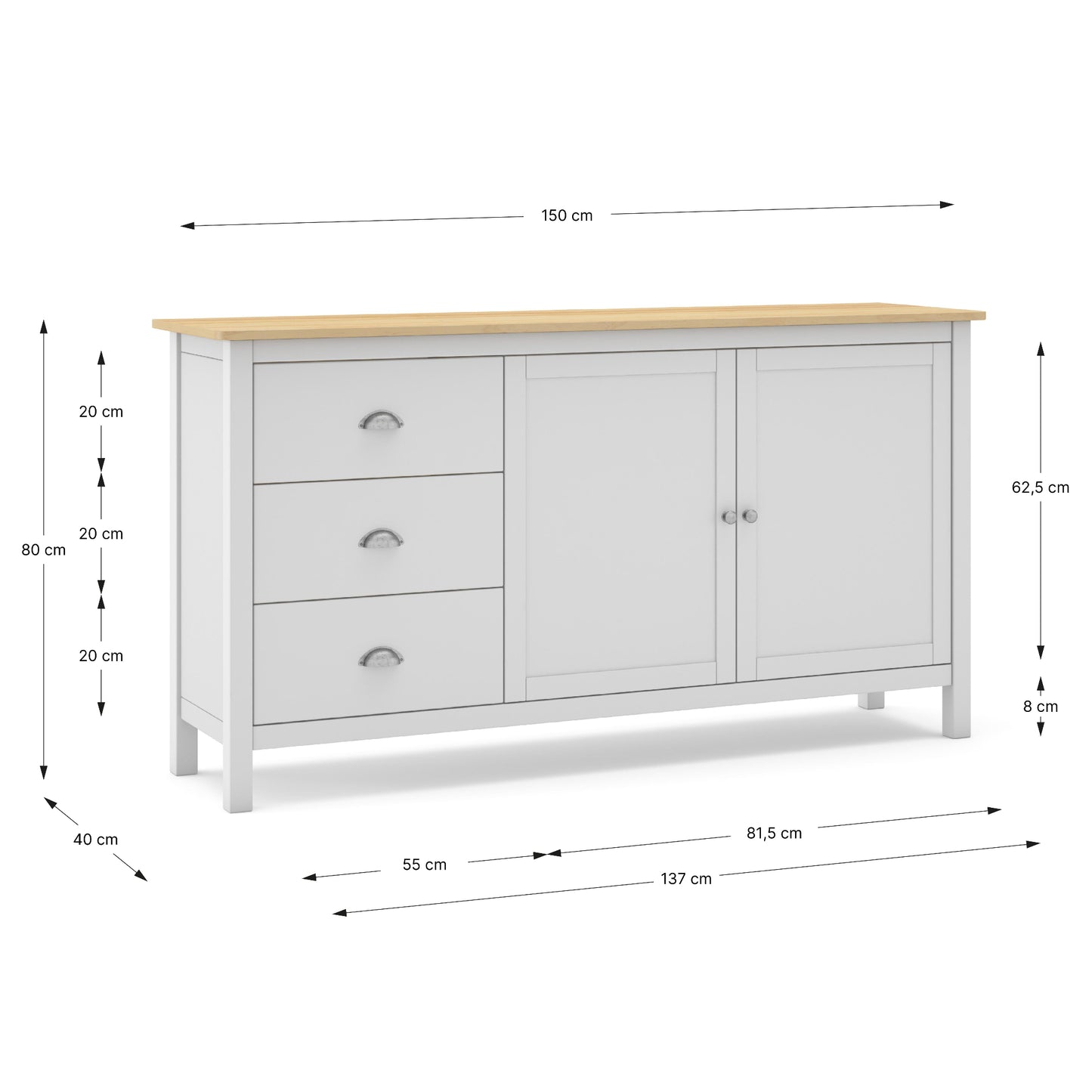 White sideboard with dimensions on a white background
