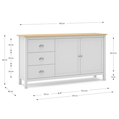 White sideboard with dimensions on a white background