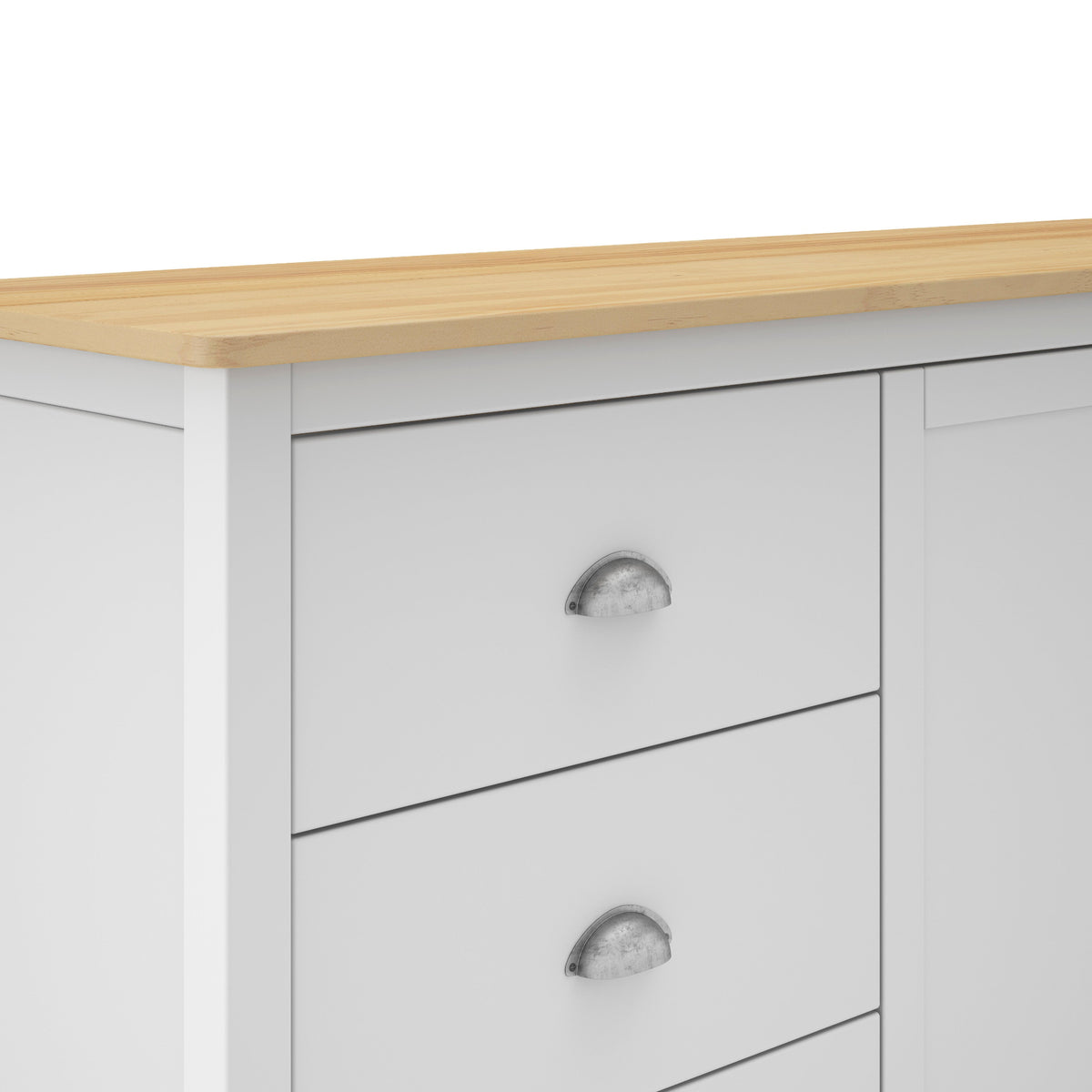 A close-up of a white wooden cabinet or dresser with two drawers featuring silver oval handles and a light natural wood countertop, shown against a plain white background.