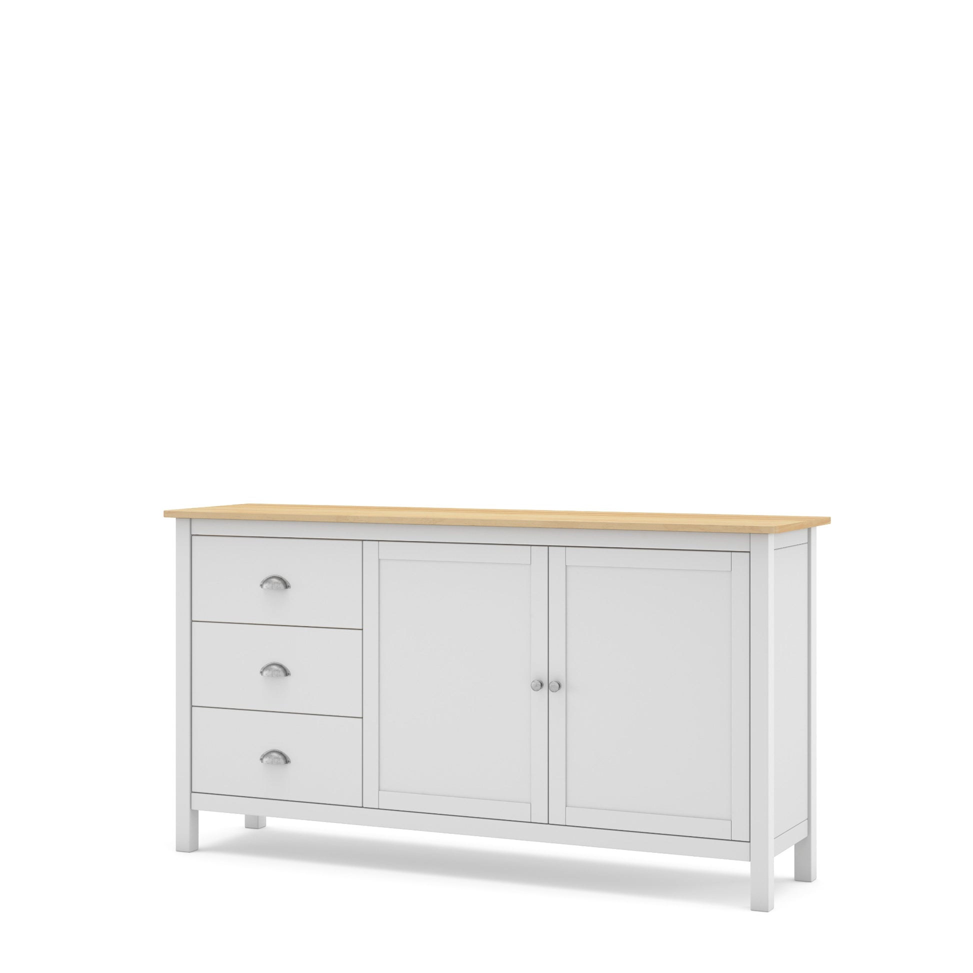 A white wooden sideboard cabinet with a light natural wood top, featuring three drawers on the left, two doors on the right, and small silver knobs.