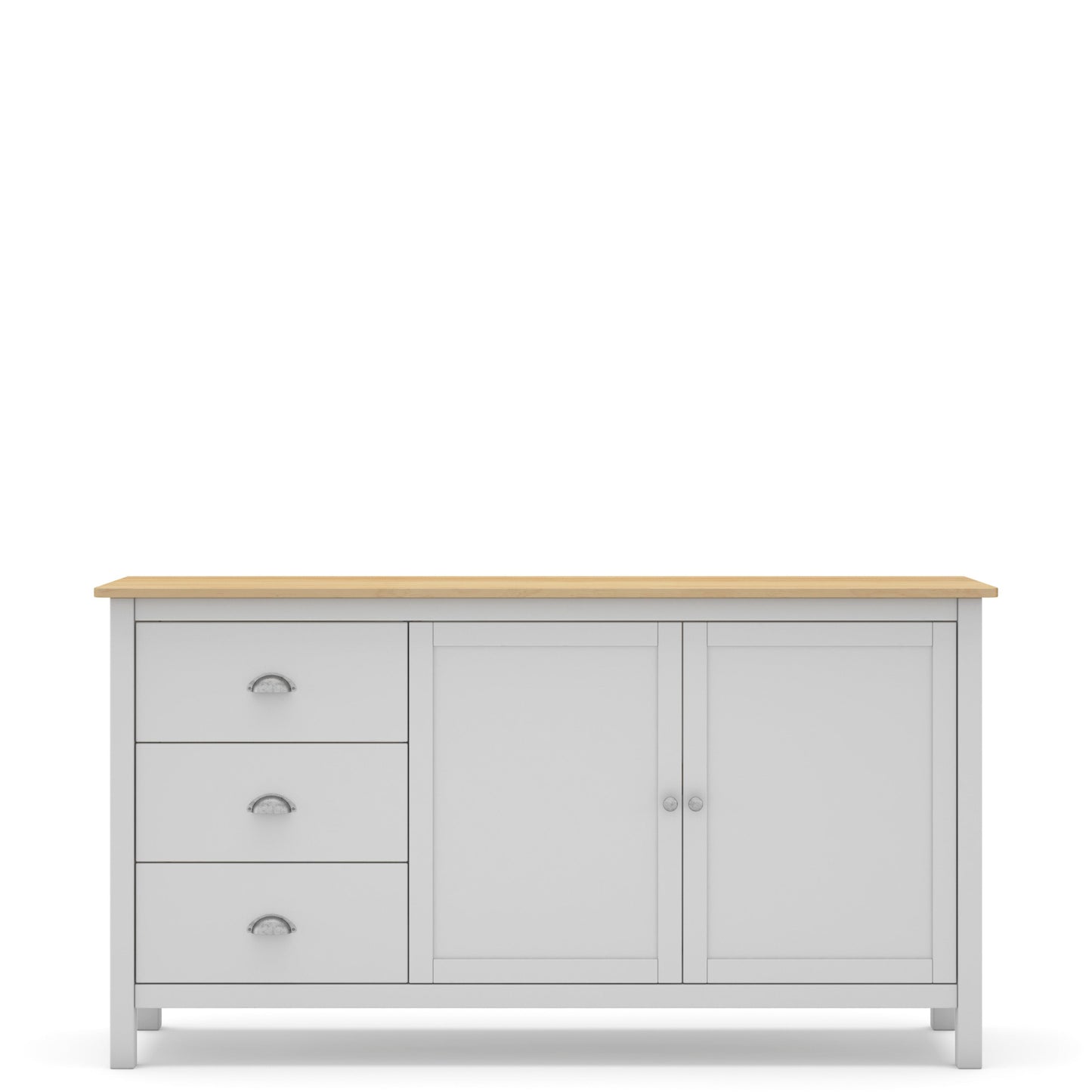 A light gray wooden sideboard cabinet with three drawers on the left, two doors on the right, and a natural wood top, shown against a plain white background.