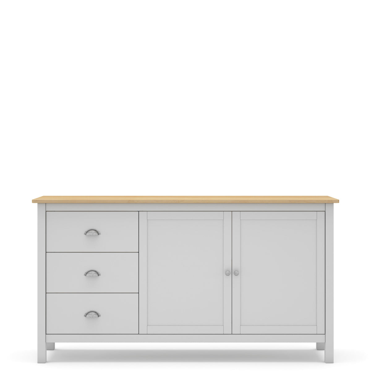 A light gray wooden sideboard cabinet with three drawers on the left, two doors on the right, and a natural wood top, shown against a plain white background.