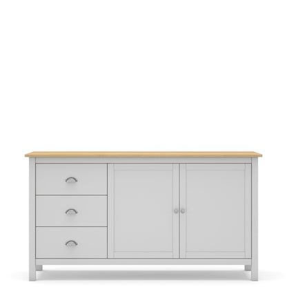 A light gray wooden sideboard cabinet with three drawers on the left, two doors on the right, and a natural wood top, shown against a plain white background.