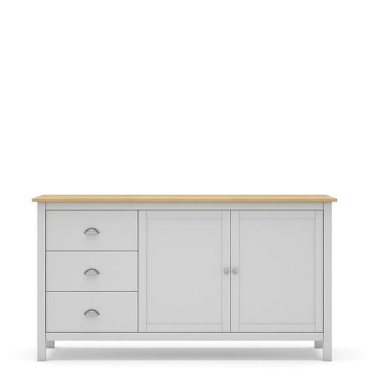 A light gray wooden sideboard cabinet with three drawers on the left, two doors on the right, and a natural wood top, shown against a plain white background.