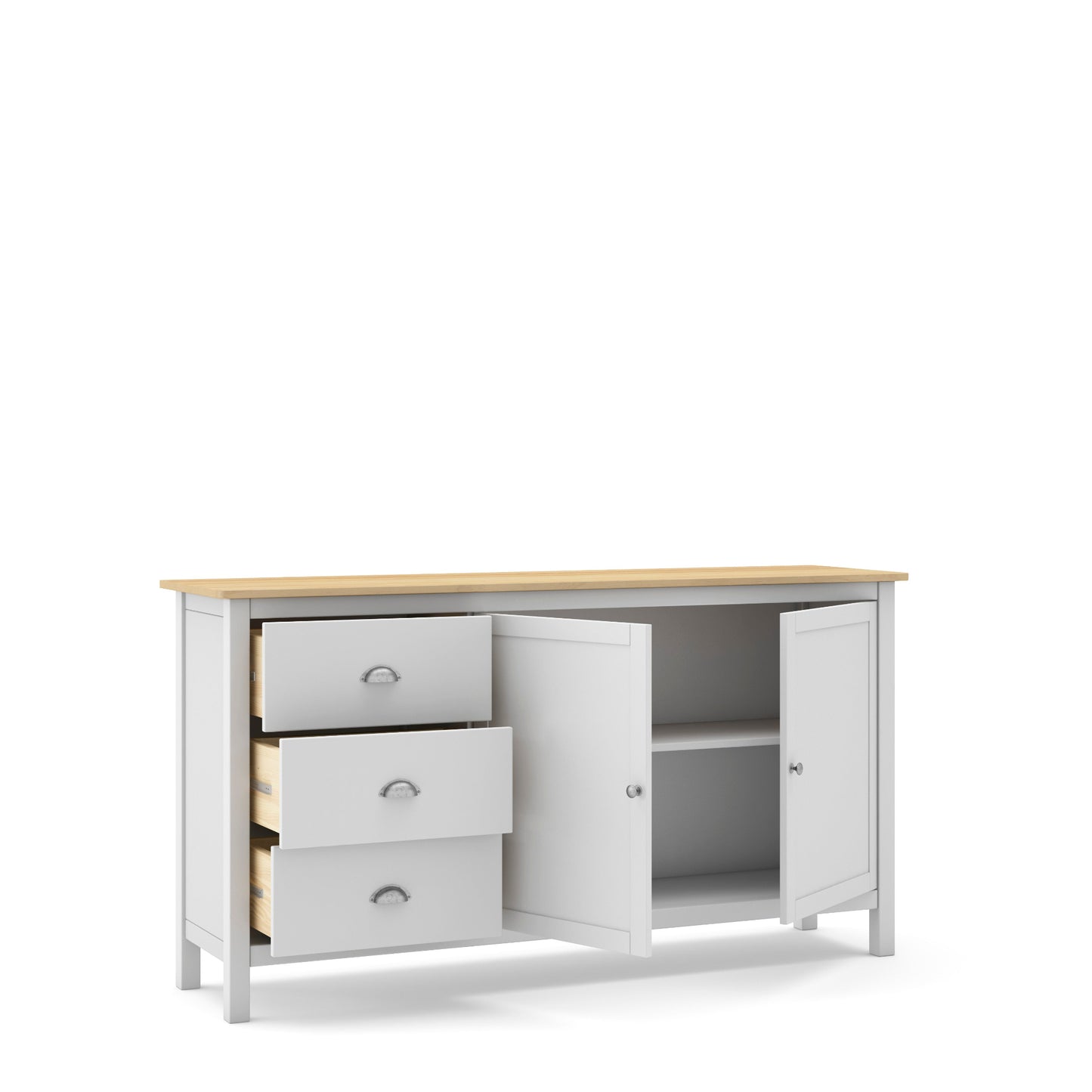 A white storage cabinet with a light natural wood top, featuring three drawers on the left, two cabinet doors on the right (one open to show shelving), and silver metal handles.