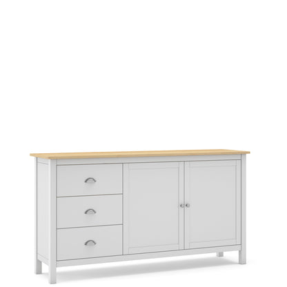 A white sideboard cabinet with a light natural wood top, featuring three drawers on the left and two doors on the right, set against a plain white background.