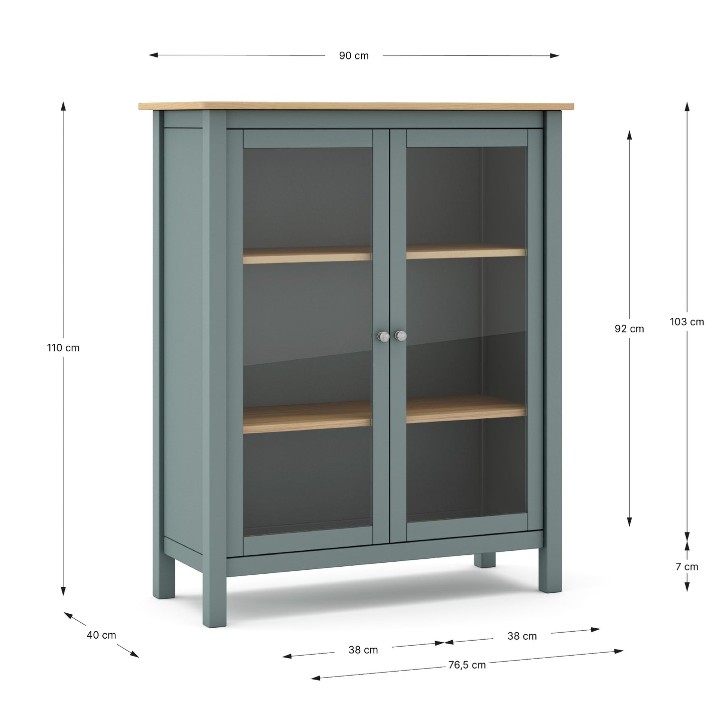 A tall cabinet with two glass doors and light wood shelves on a white background, overlaid with dimension lines and measurements including 90 cm width, 110 cm height, 76,5 cm depth, and 40 cm leg width.