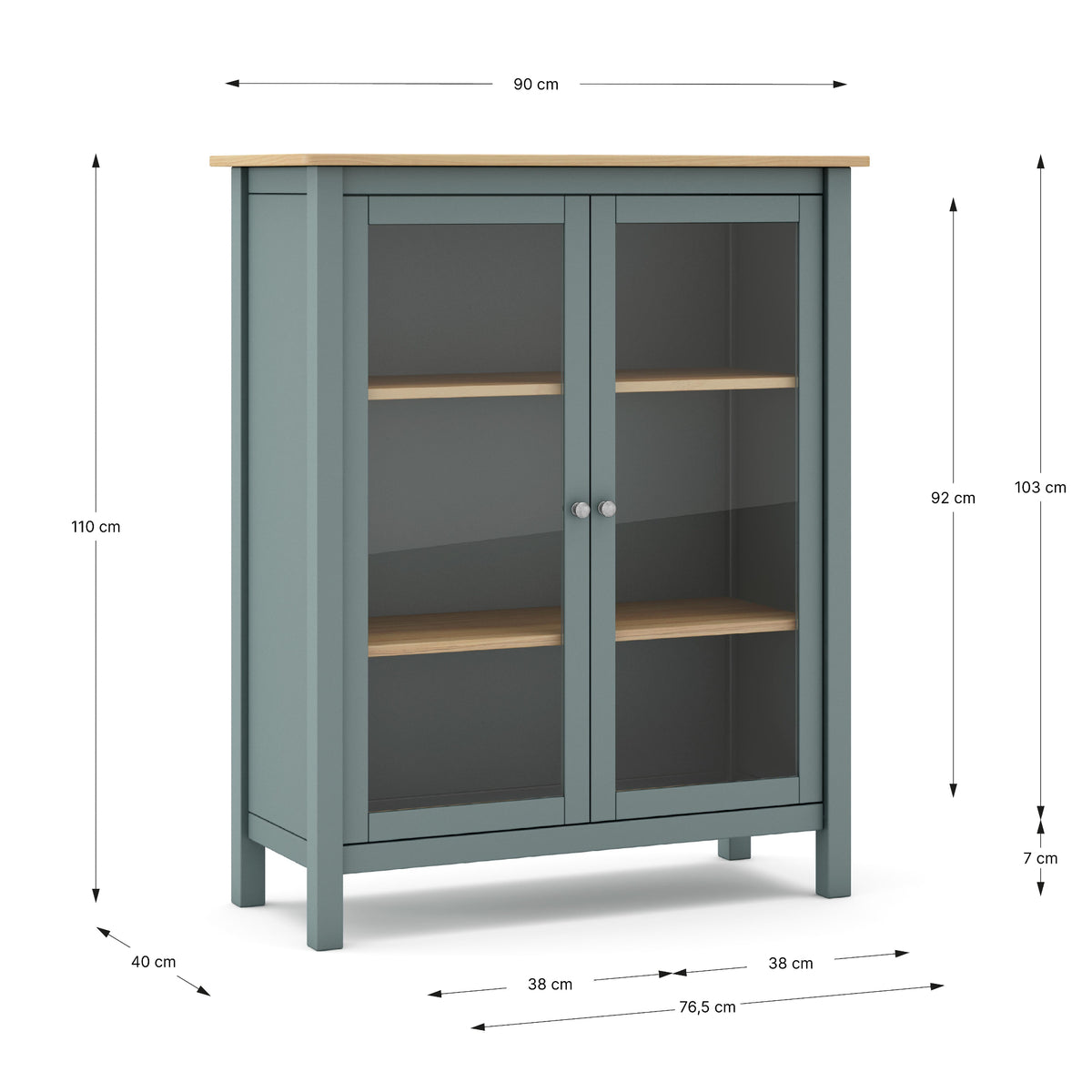 A tall cabinet with two glass doors and light wood shelves on a white background, overlaid with dimension lines and measurements including 90 cm width, 110 cm height, 76,5 cm depth, and 40 cm leg width.