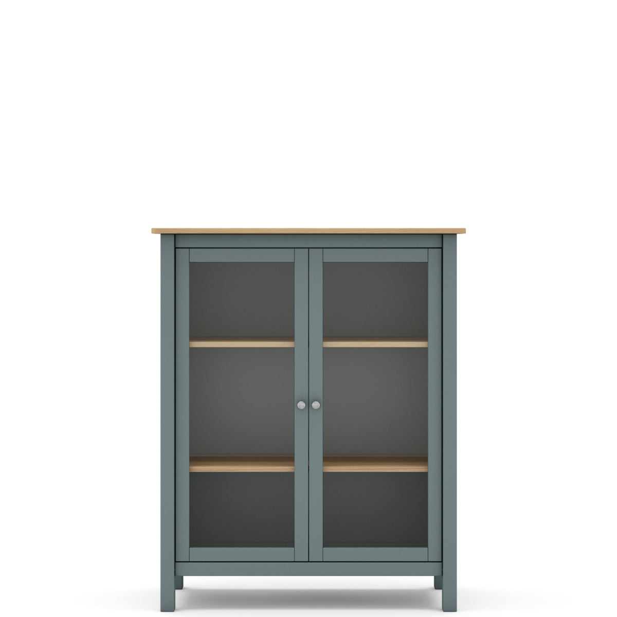 A tall two-door cabinet with a muted blue-gray painted frame, light natural wood top and shelves, and dark glass doors, shown on a plain white background.