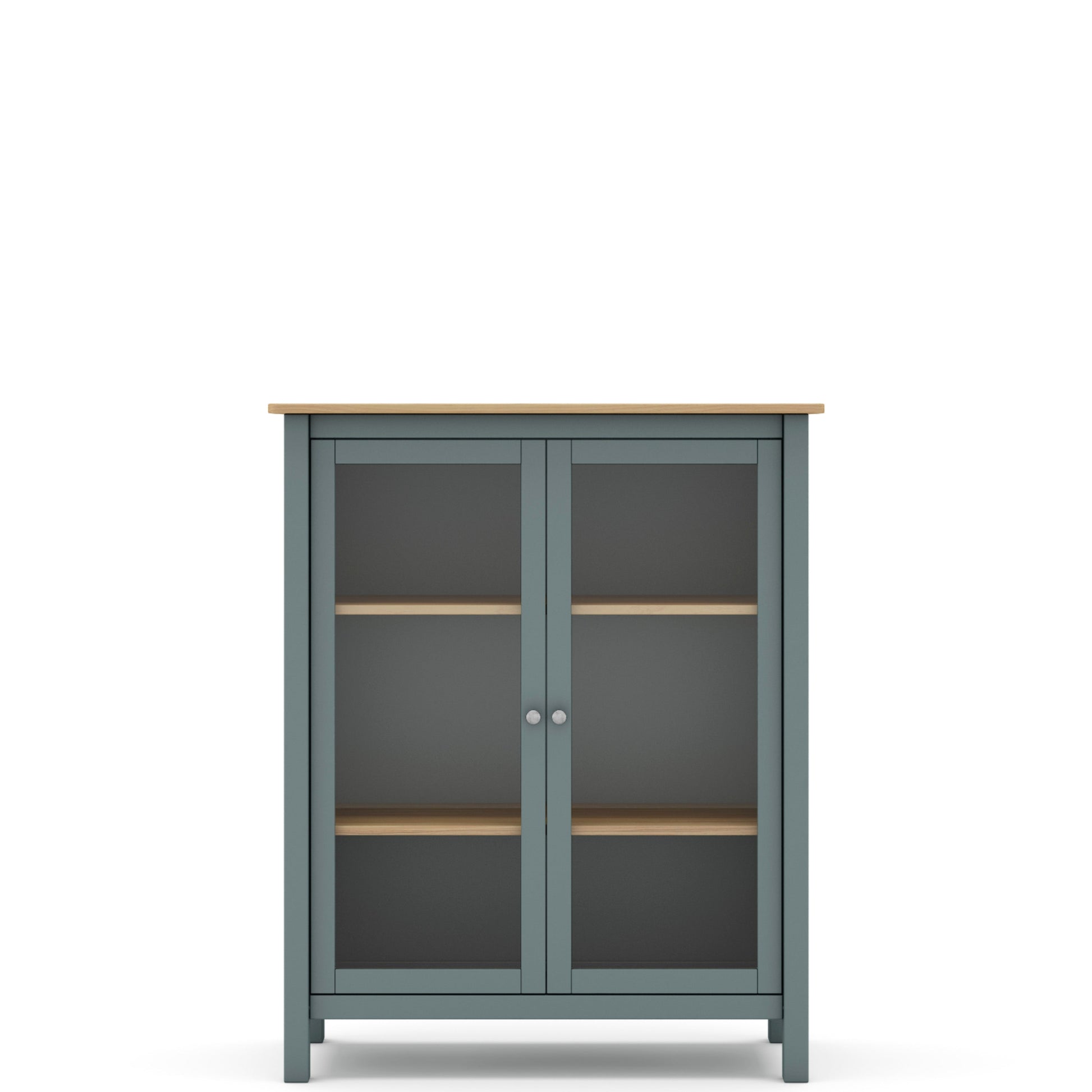 A tall two-door cabinet with a muted blue-gray painted frame, light natural wood top and shelves, and dark glass doors, shown on a plain white background.