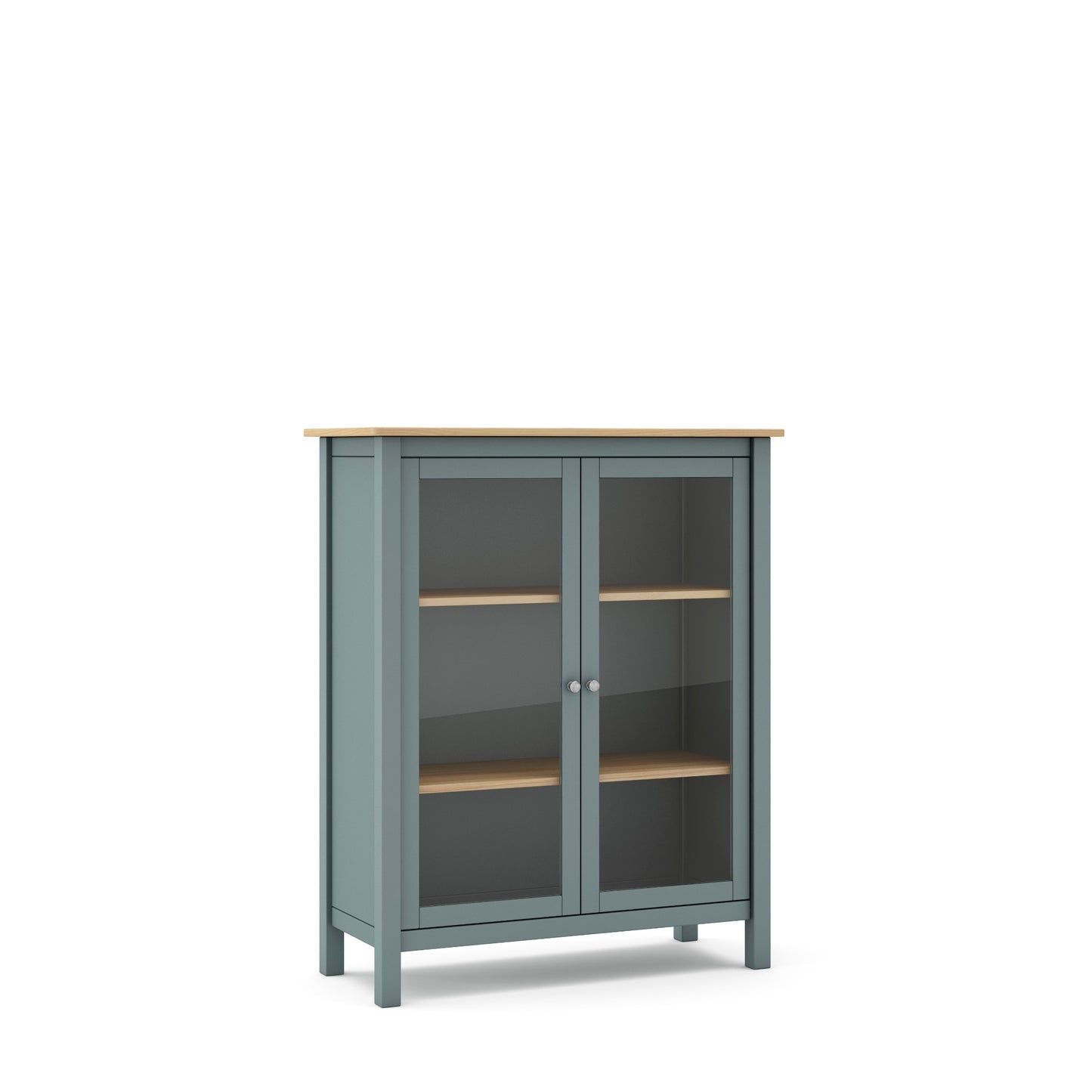 A tall, narrow storage cabinet with a muted blue-gray painted frame, a natural light wood top and shelves, and two glass doors with small round silver knobs, shown on a plain white background.