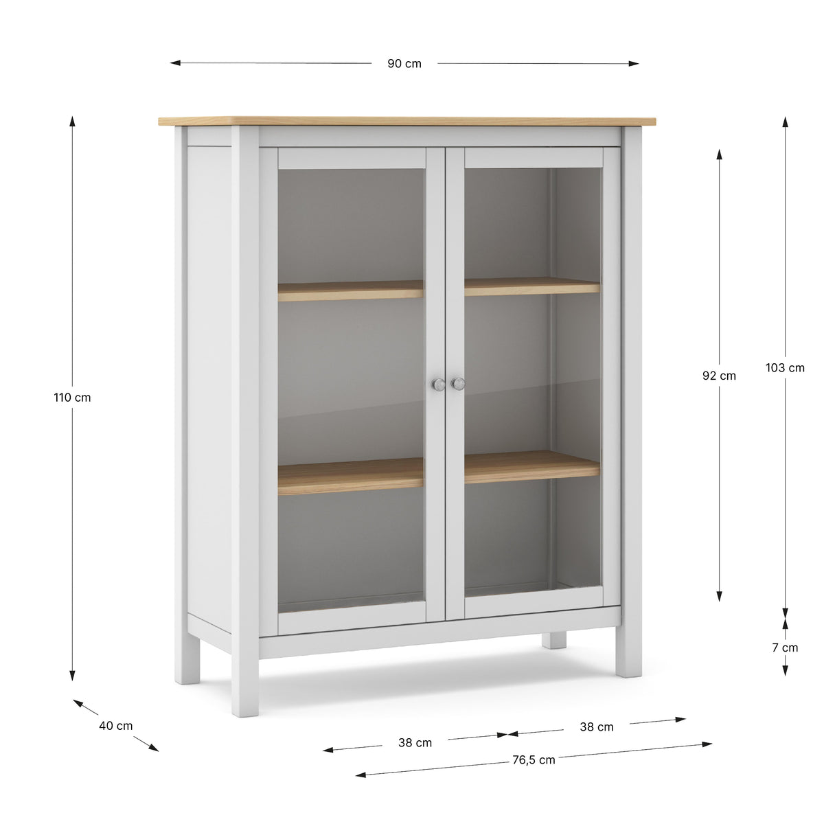 A white cabinet with glass doors and light wood shelves and top, shown with dimension lines and labels indicating measurements of 90 cm width, 110 cm height, 92 cm and 103 cm side heights, 7 cm leg depth, and 76.5 cm front width.
