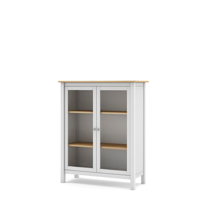 A tall white storage cabinet with two glass doors, three wooden shelves, and a light natural wood top, shown on a plain white background.
