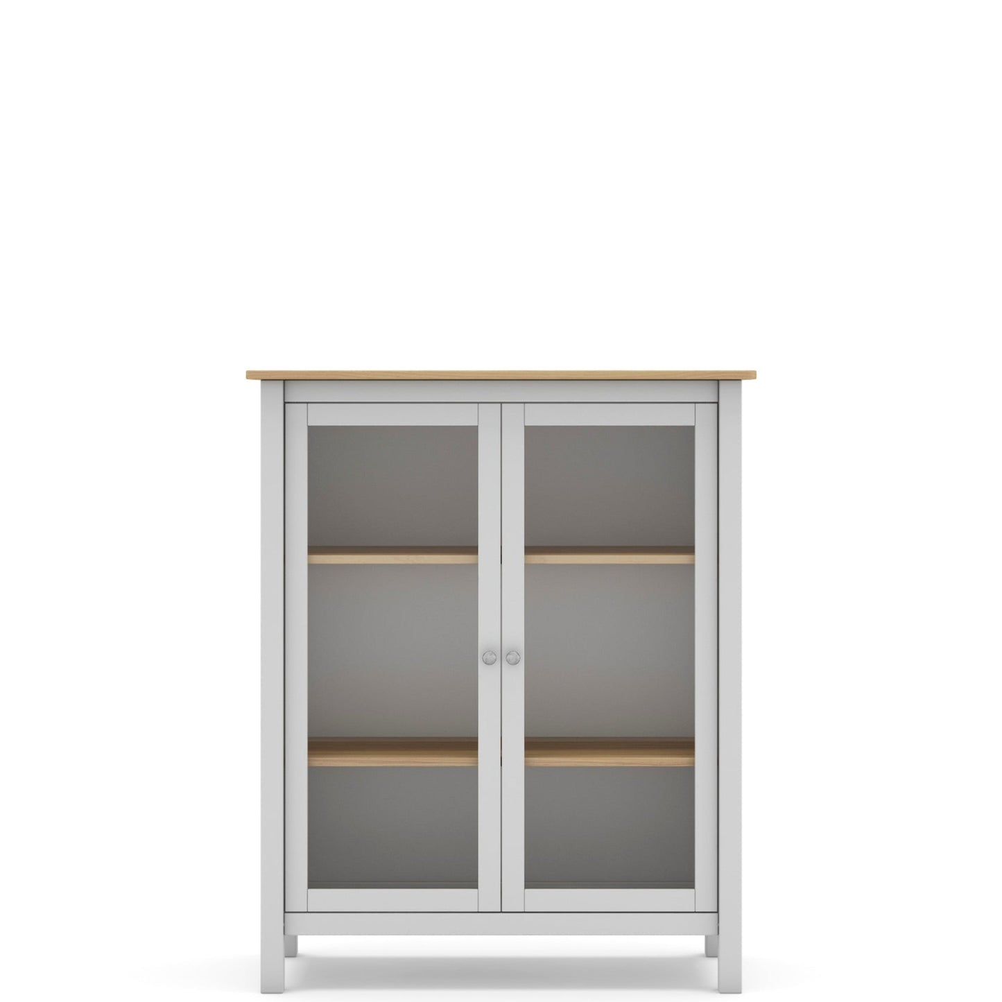 A tall gray storage cabinet with two glass doors, light wood shelves, and a light wood top, shown against a plain white background.