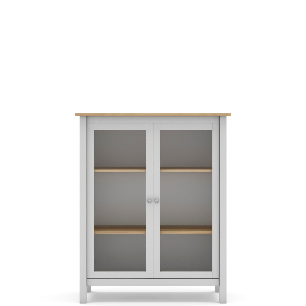 A tall gray storage cabinet with two glass doors, light wood shelves, and a light wood top, shown against a plain white background.