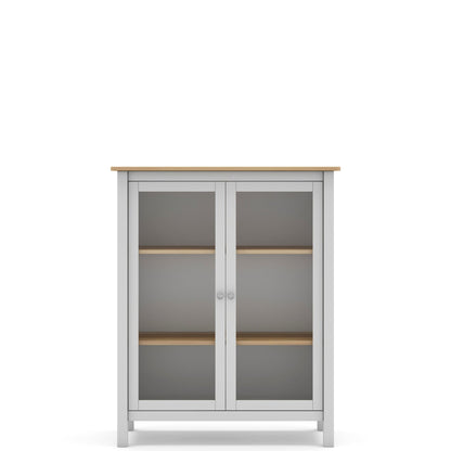 A tall gray storage cabinet with two glass doors, light wood shelves, and a light wood top, shown against a plain white background.