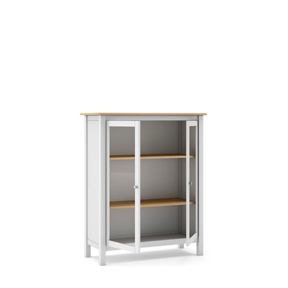 A white storage cabinet with a light wood top and three wooden shelves, featuring glass doors with white frames, shown on a solid white background.