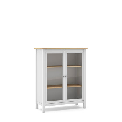 A tall white storage cabinet with two glass doors, three wooden shelves, and a light wood top, shown on a plain white background.