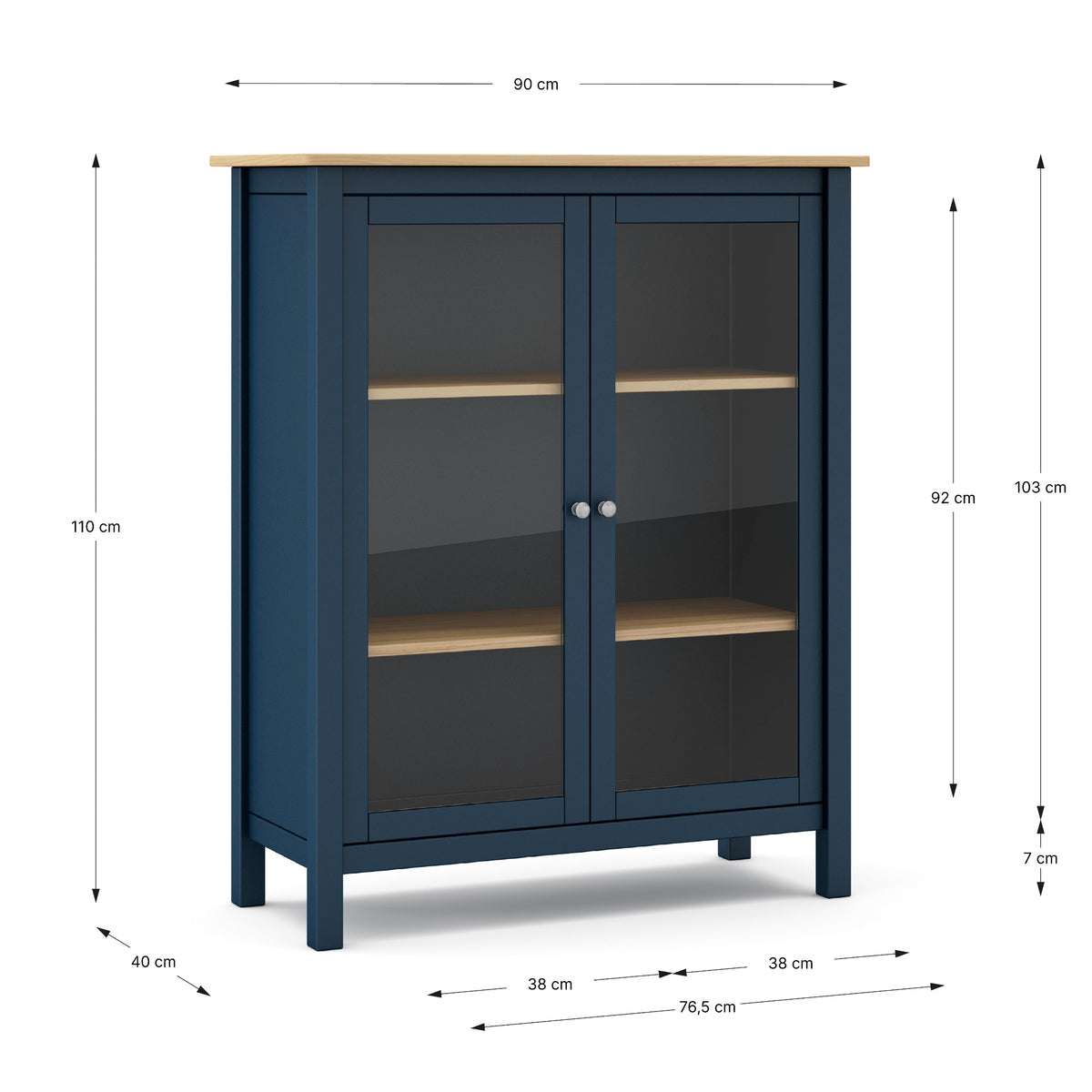 A navy blue cabinet with glass doors and light wood shelves and top, shown with dimension callouts for width, height, and depth on a white background.