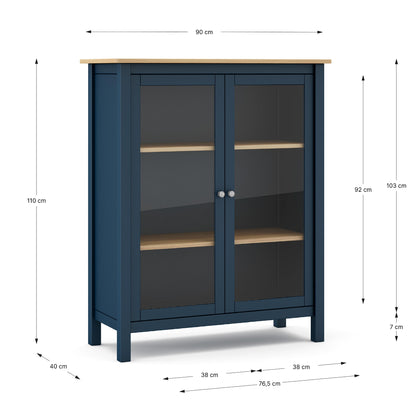 A navy blue cabinet with glass doors and light wood shelves and top, shown with dimension callouts for width, height, and depth on a white background.