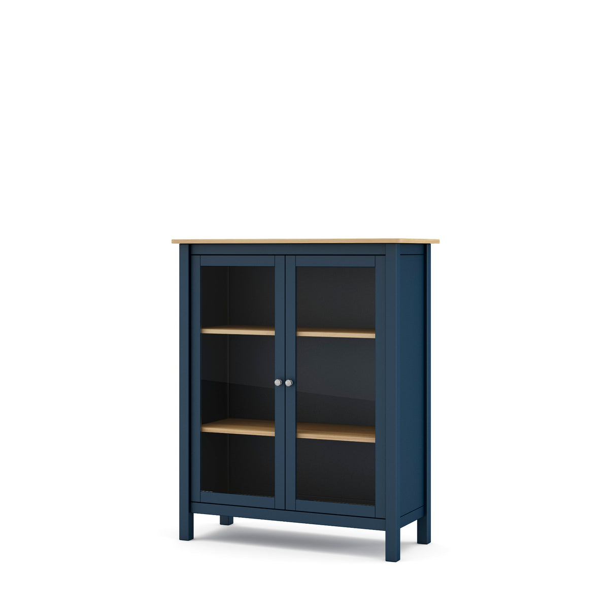 A navy blue storage cabinet with two glass doors, two wooden shelves, and a light natural wood top and shelf edges, shown on a plain white background.