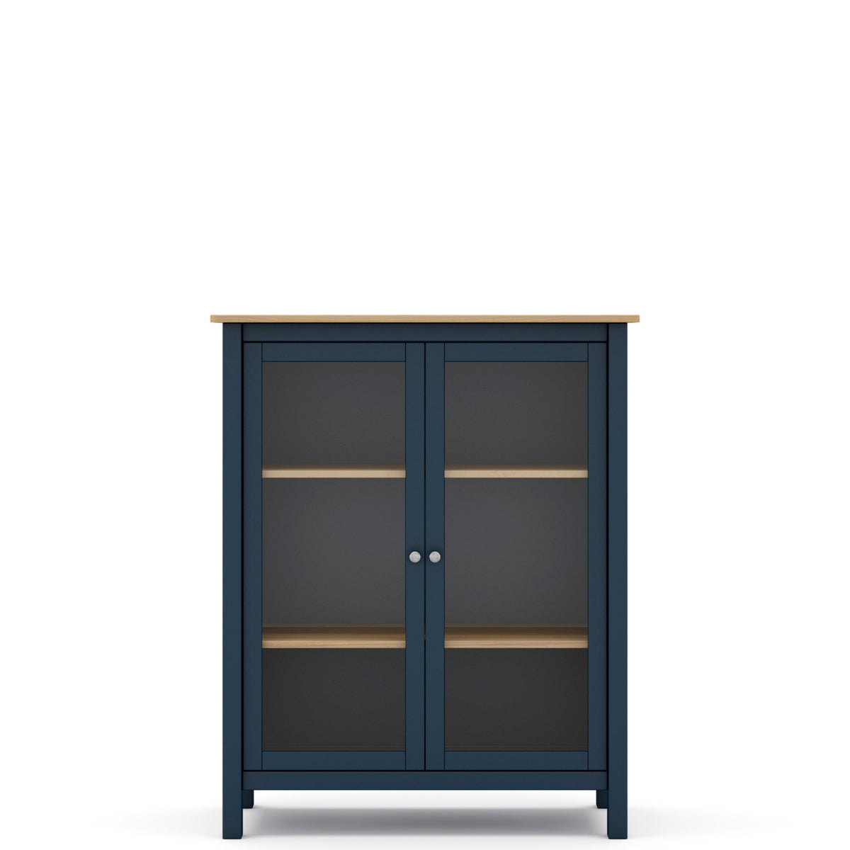 A navy blue two-door cabinet with glass doors, light wood shelves, and a light wood top, shown against a plain white background.