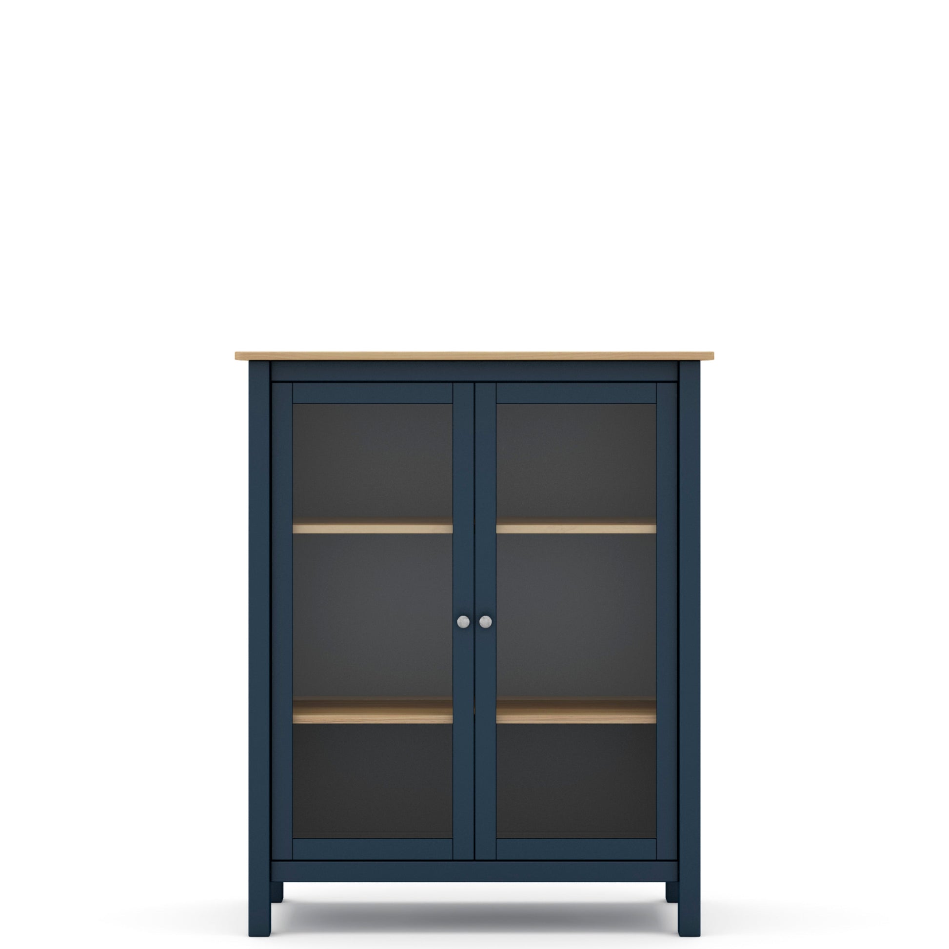 A navy blue two-door cabinet with glass doors, light wood shelves, and a light wood top, shown against a plain white background.