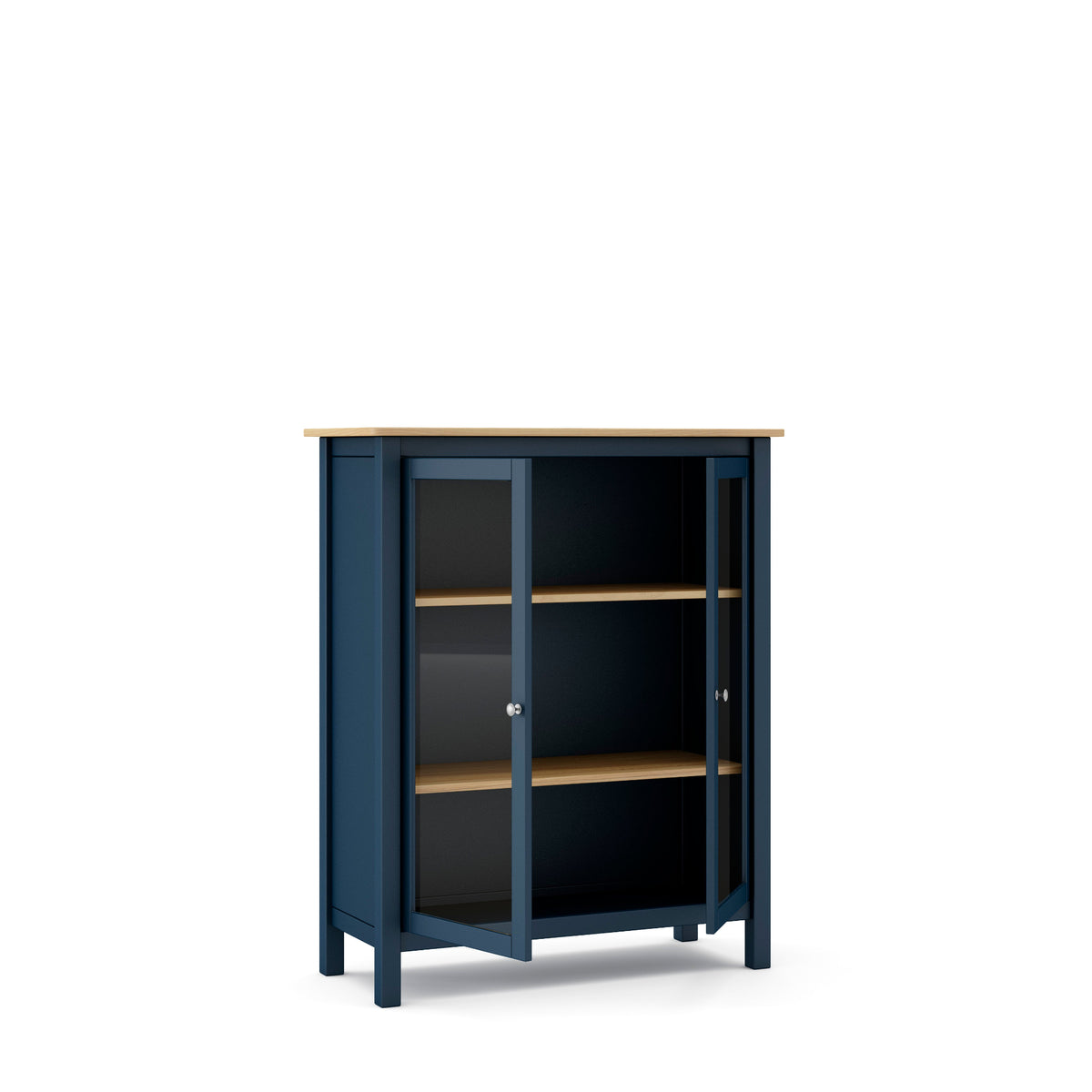 A tall navy blue storage cabinet with two glass doors and light wood shelves and top, shown on a plain white background.