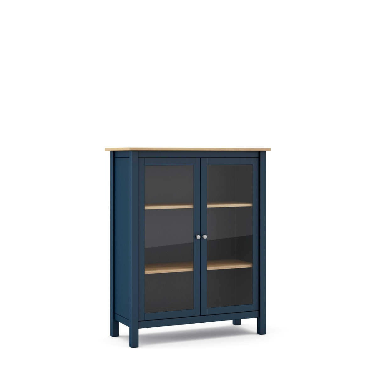 A tall navy blue cabinet with two glass doors, light wood shelves, and a light wood top, shown on a plain white background.
