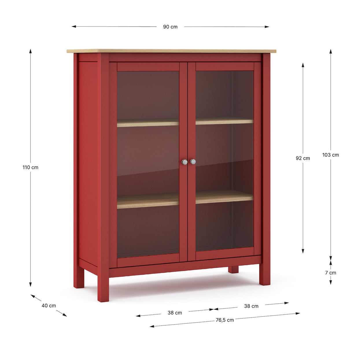 A red wooden cabinet with two glass doors and light wood shelves, shown with dimension lines and labels indicating height, width, and depth measurements.