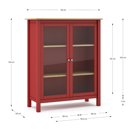 A red wooden cabinet with two glass doors and light wood shelves, shown with dimension lines and labels indicating height, width, and depth measurements.