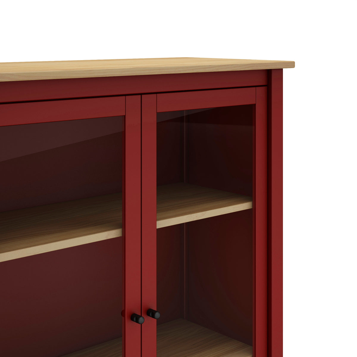 A close-up of a red wooden cabinet with glass doors, light wood shelves, and a light wood top, shown against a plain white background.