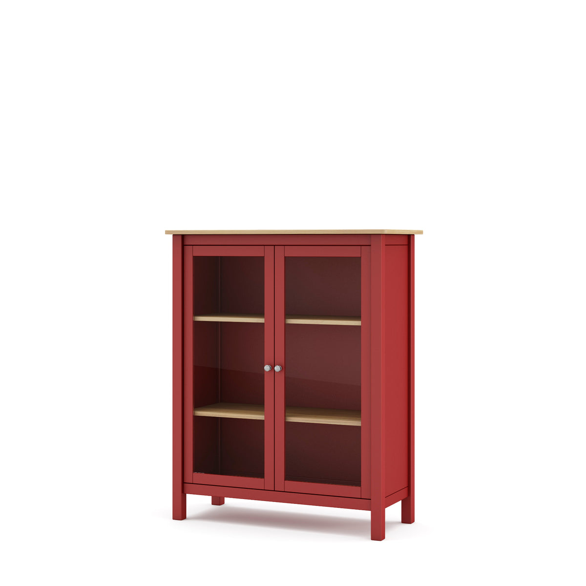 A red wooden cabinet with two glass doors, two interior shelves, and a light natural wood top, shown on a plain white background.
